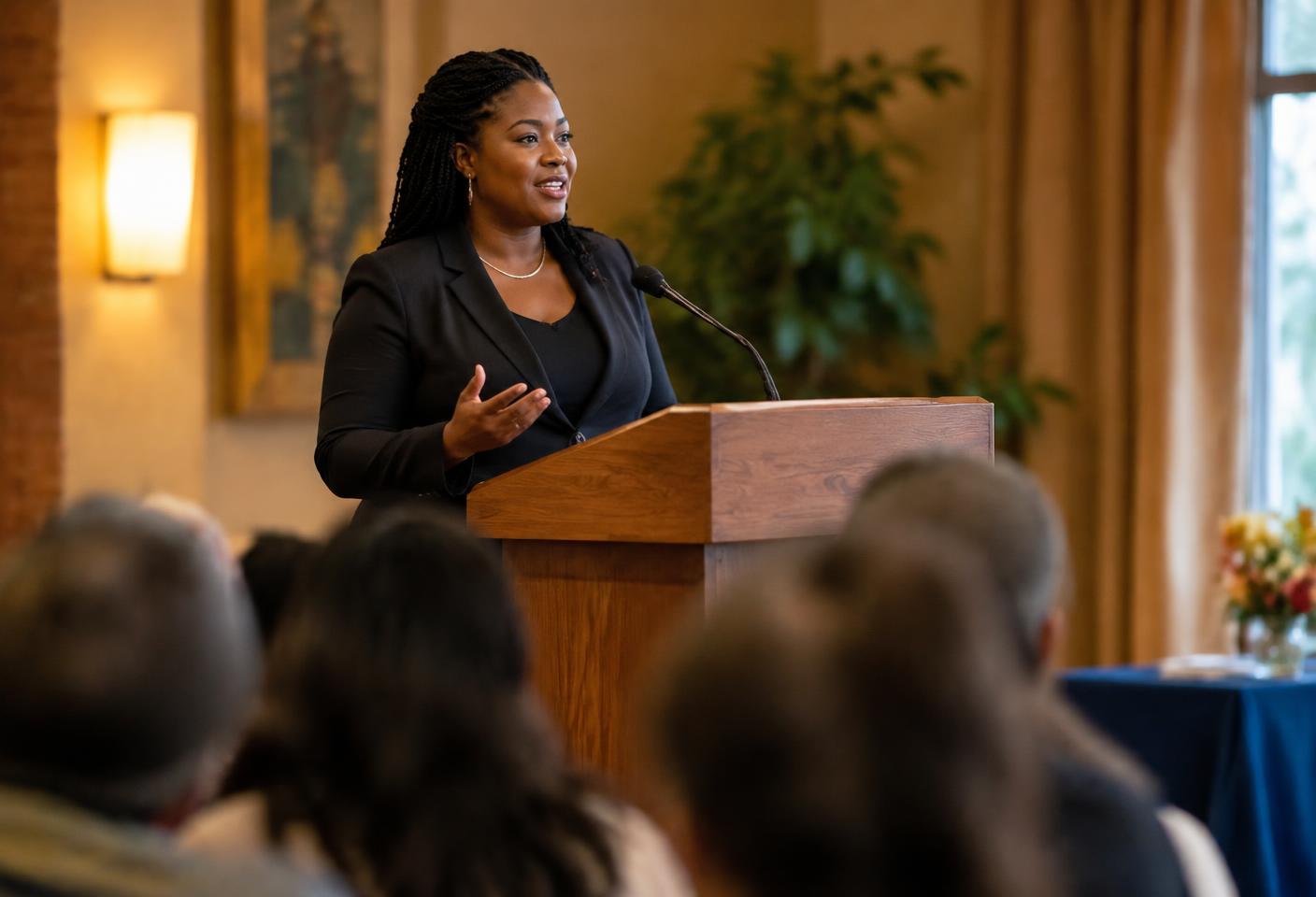 A community leader speaking at a podium during a Detroit community gathering.
