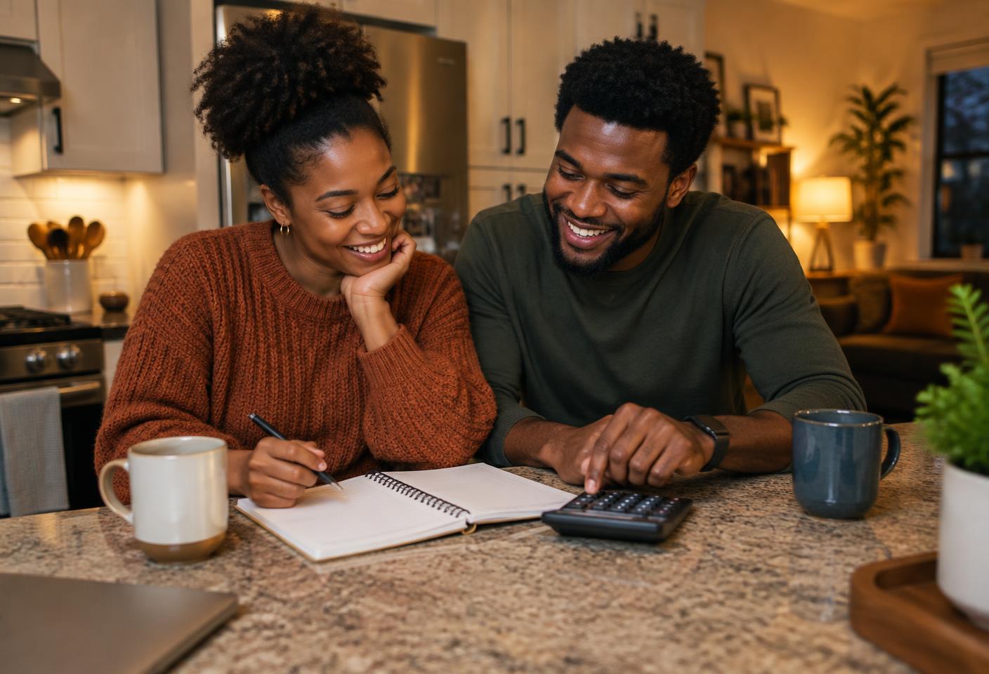 A couple working on their household budget together at the kitchen counter.