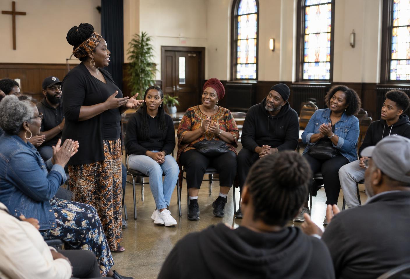 Detroit residents participating in an interactive community workshop discussion.