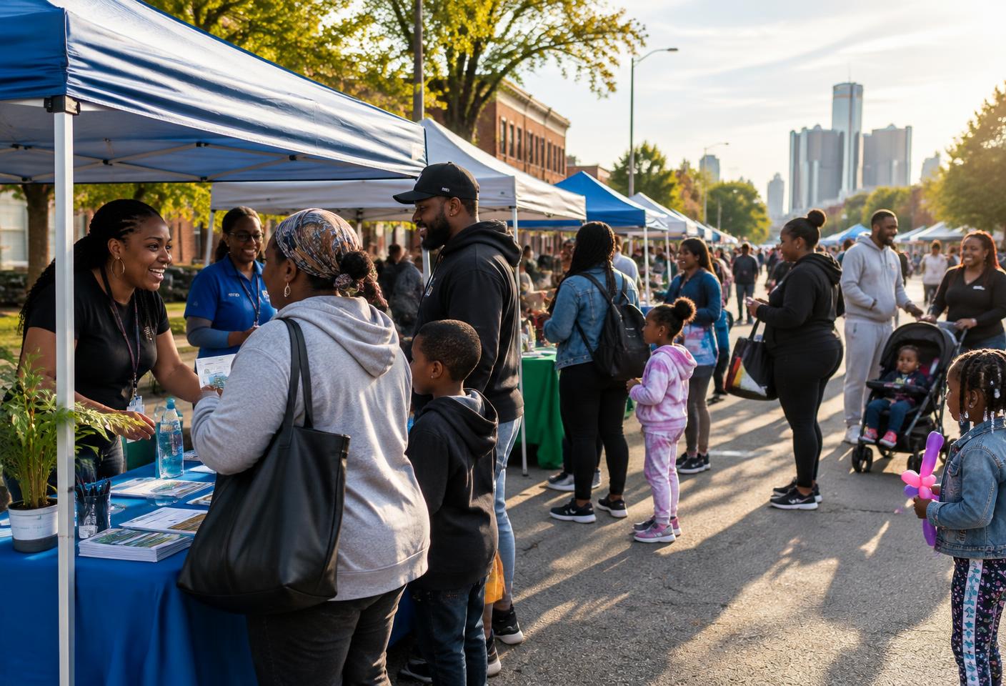 Detroit residents visiting information tables at a welcoming neighborhood resource event.