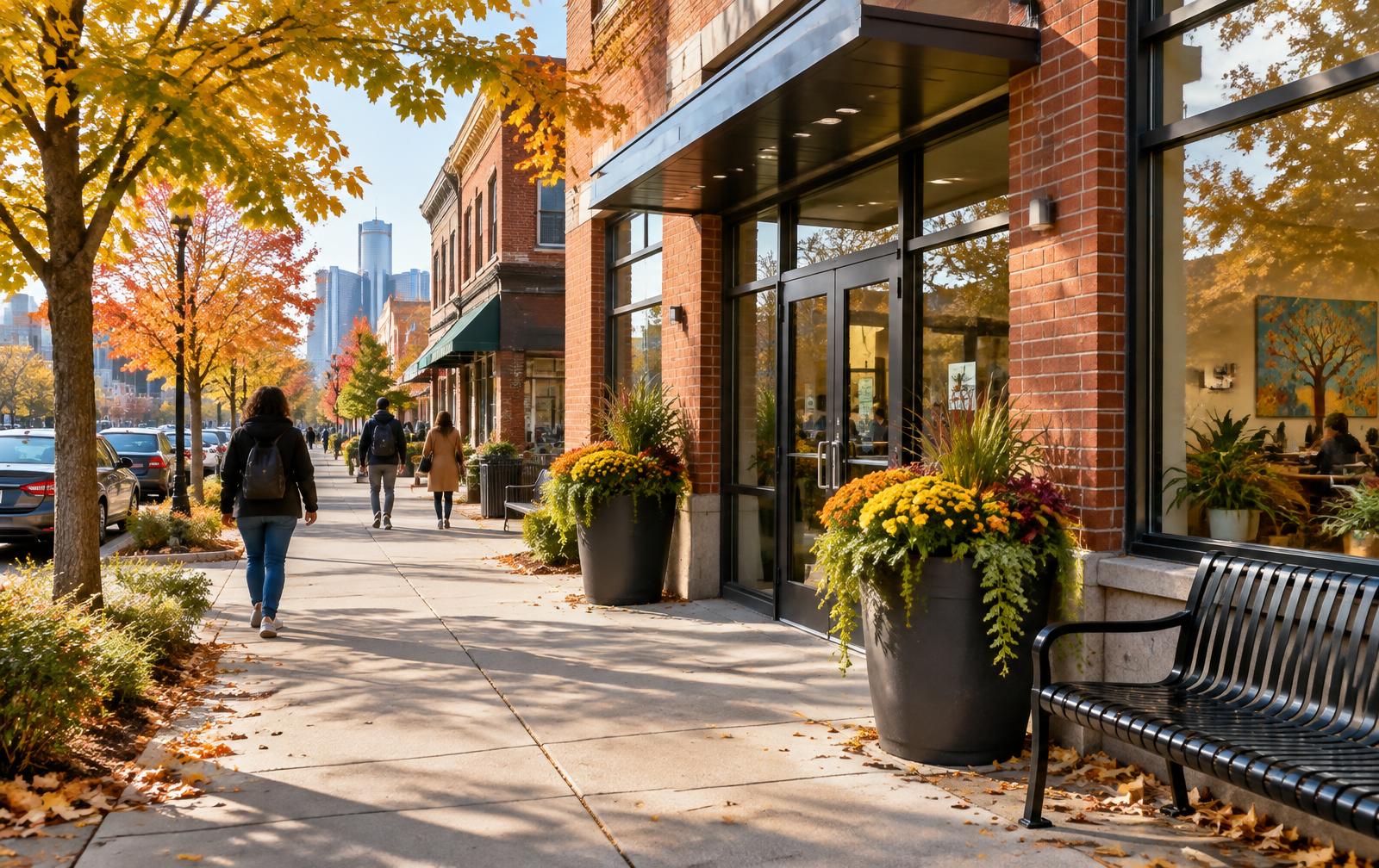 A welcoming Detroit neighborhood street with a community resource center entrance.