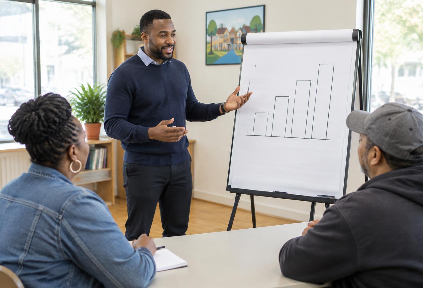 A financial educator explaining credit information at a flip chart to two residents.