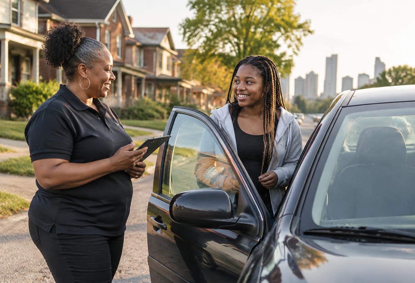 A teen parent in driver education preparing for a lesson with a supportive instructor.