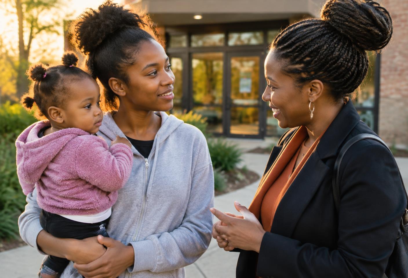 A teen parent holding her toddler while talking with a supportive program mentor.