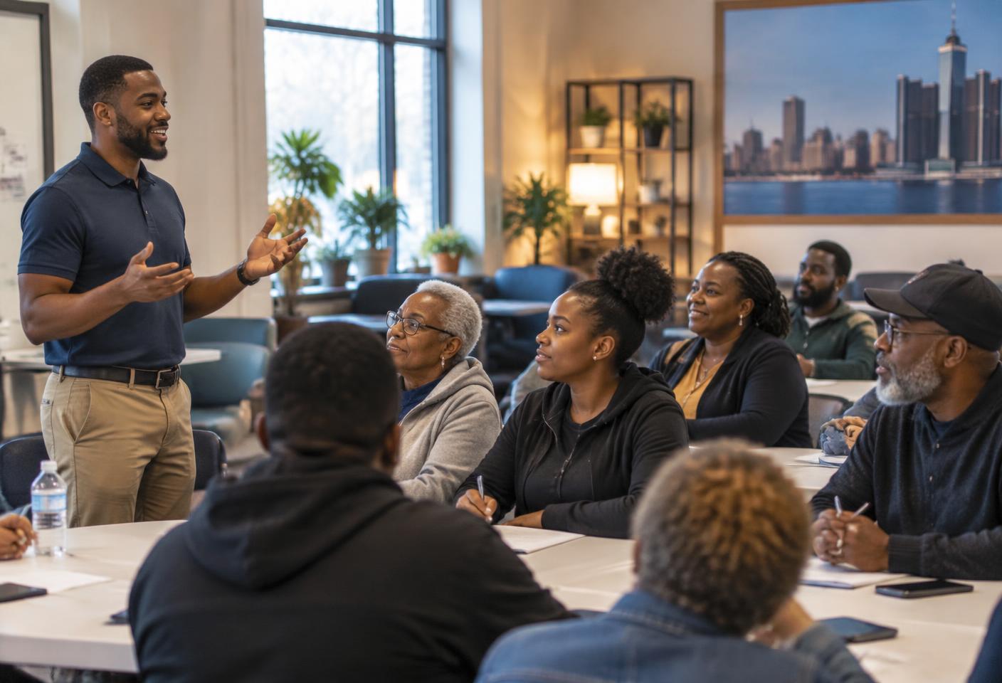 Detroit residents taking part in an engaging community financial education workshop.