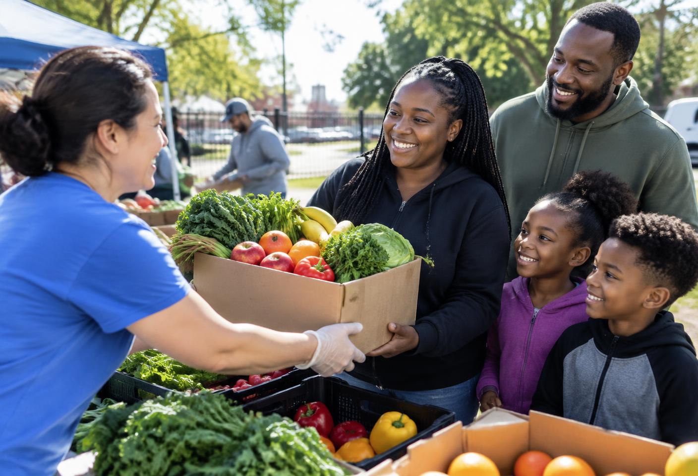 A family receiving a box of fresh produce at a community food-access event.