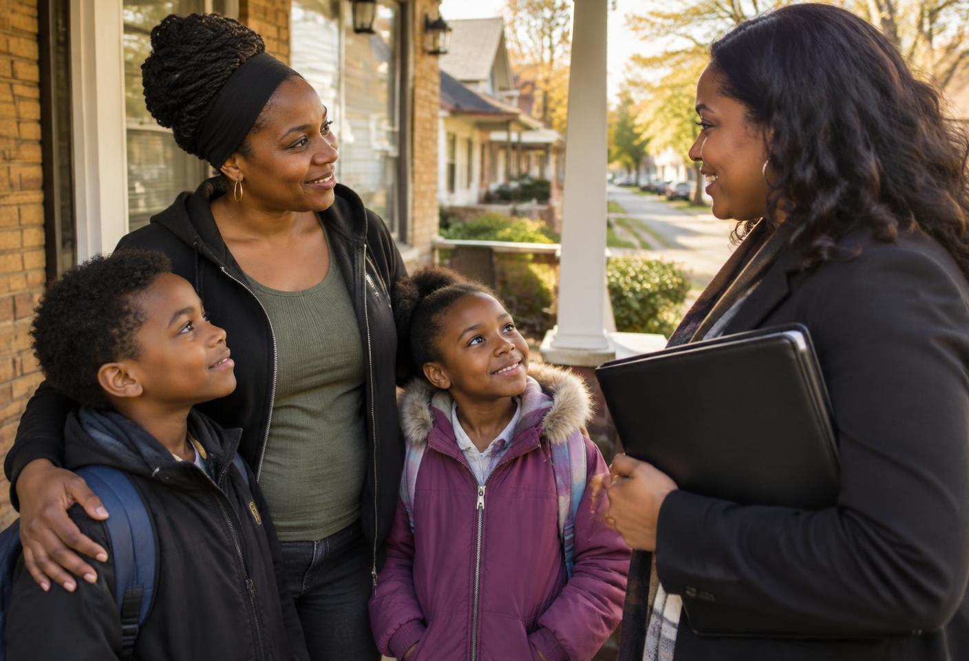 A Detroit family receiving housing-resource guidance from a counselor on their front porch.
