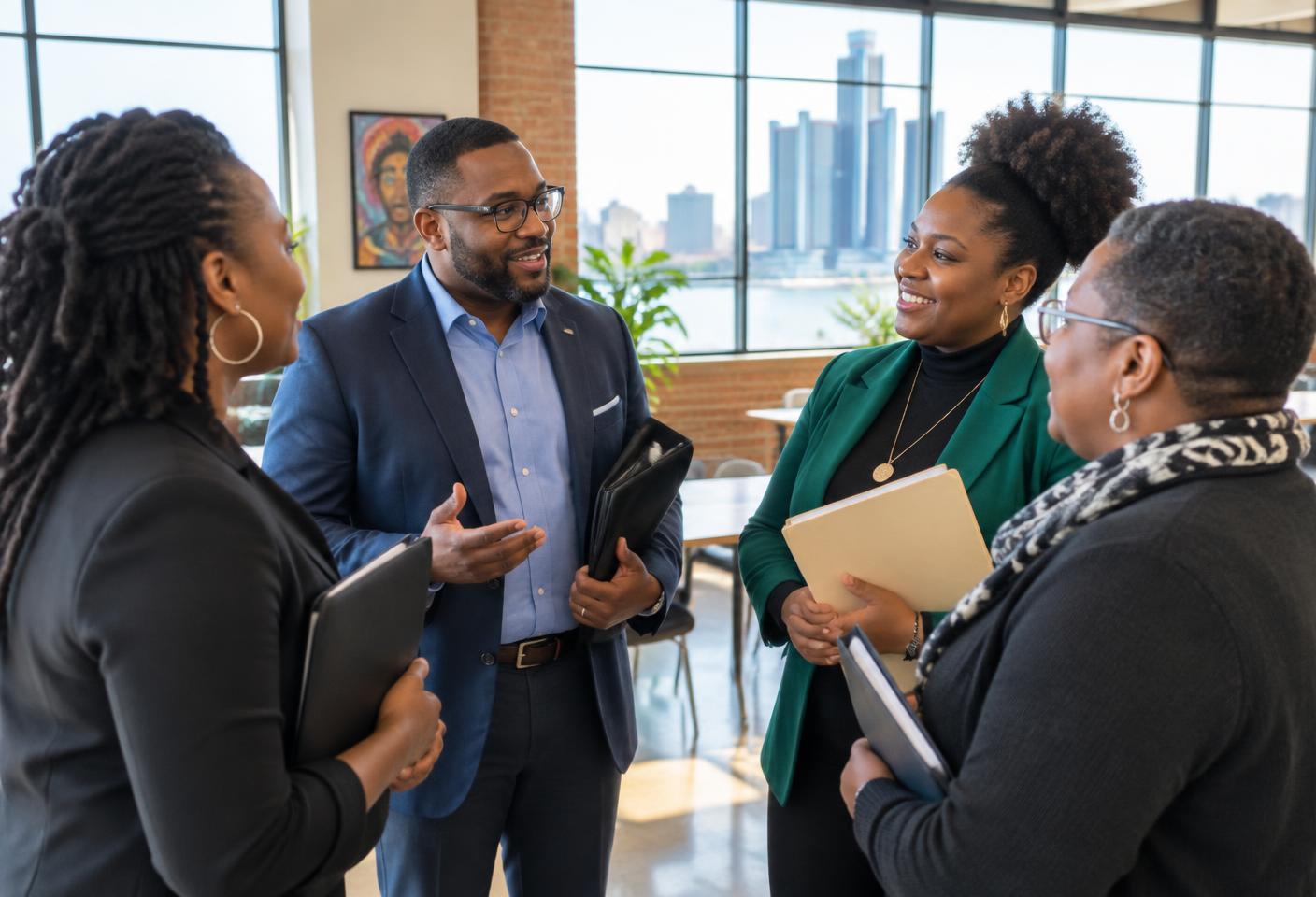 Representatives from Detroit community organizations talking together while planning a collaboration.