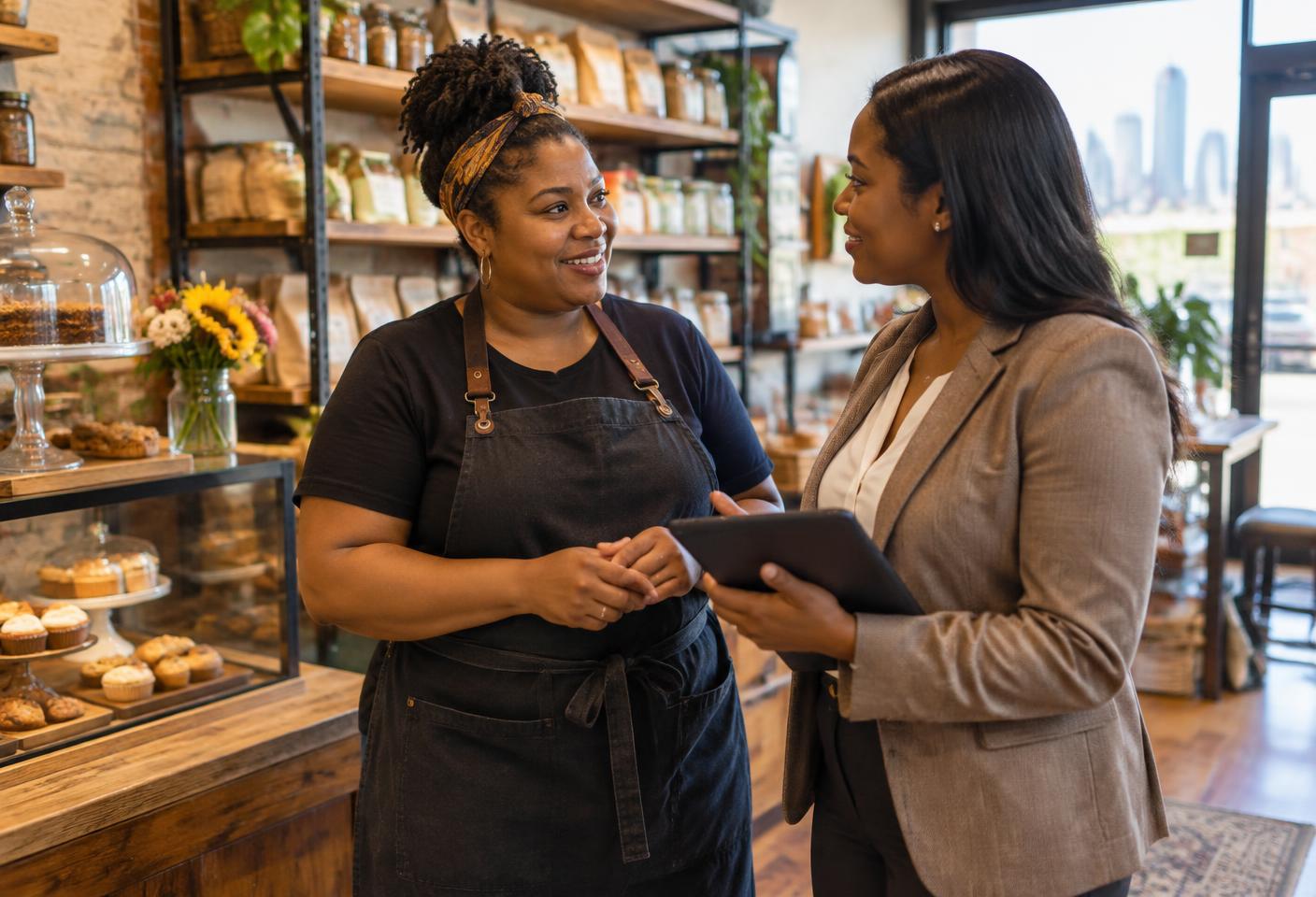 A Detroit small-business owner receiving financial guidance inside her shop.