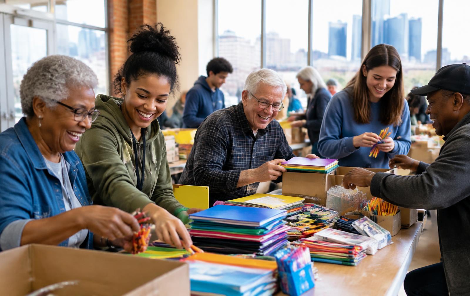 Volunteers and community members of different ages working together sorting donated supplies.