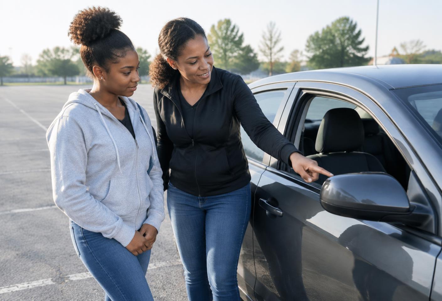 A young parent preparing for a safe driving lesson with an instructor beside the car.