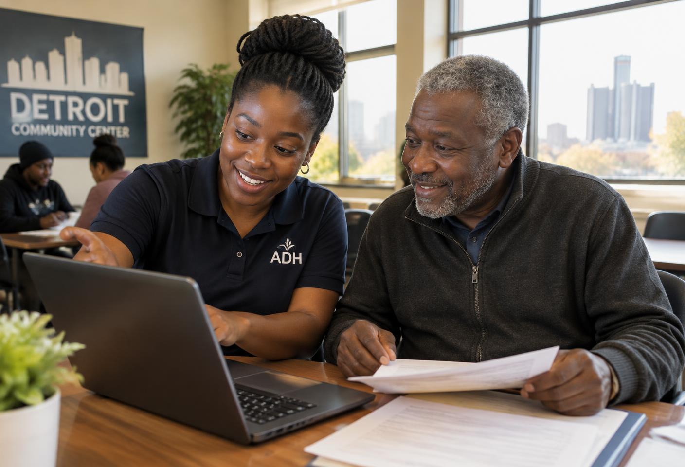A trained volunteer assisting an adult taxpayer with free tax preparation.