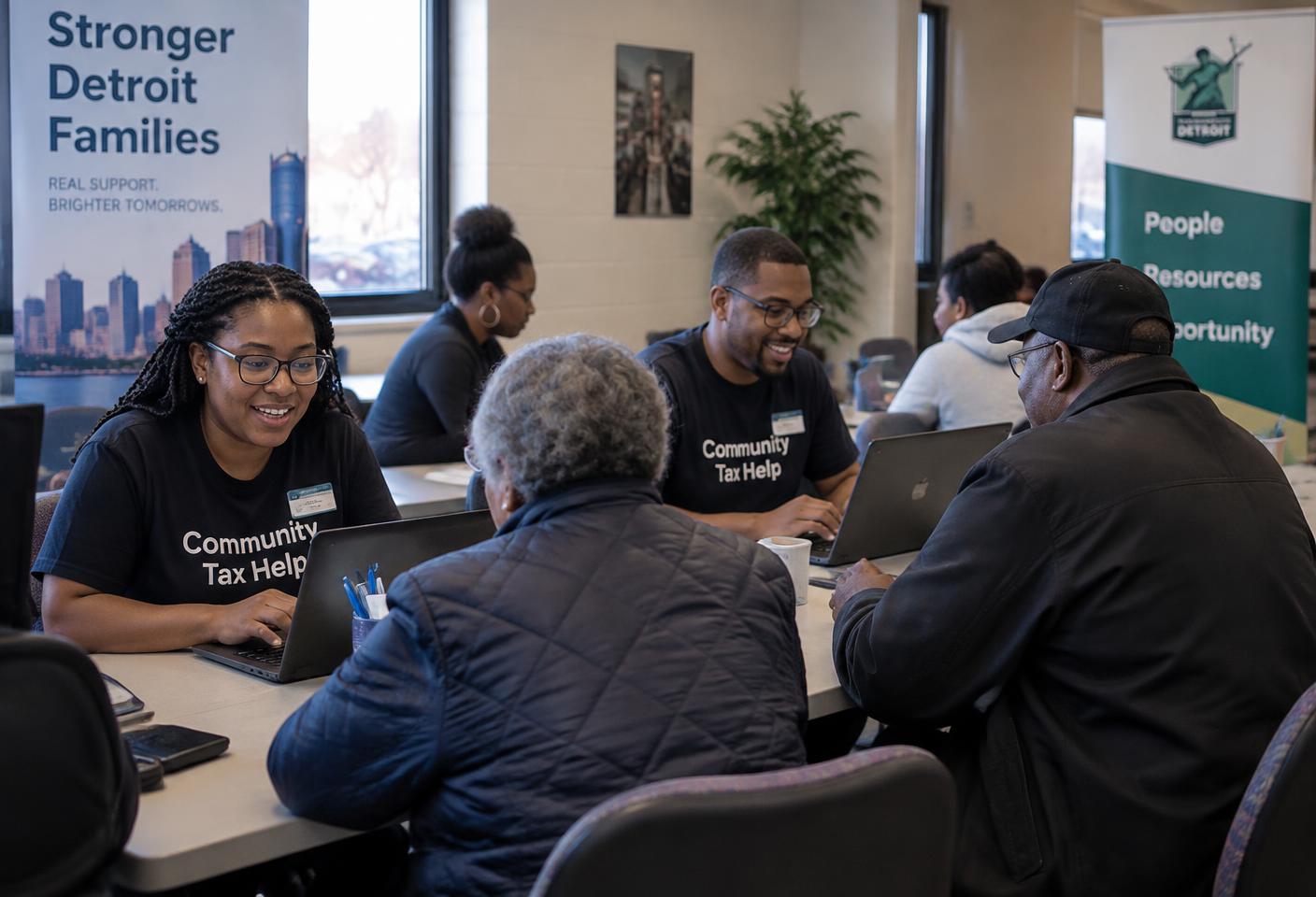 A trained ADH FEI volunteer helping an older Detroit taxpayer at a laptop.