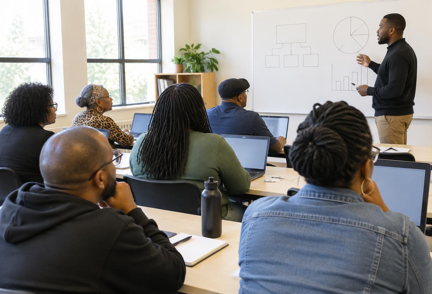 Diverse volunteers participating in a tax-preparation training class.