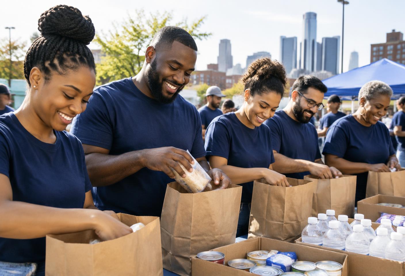 Volunteers in matching shirts working together packing supplies at a Detroit community event.