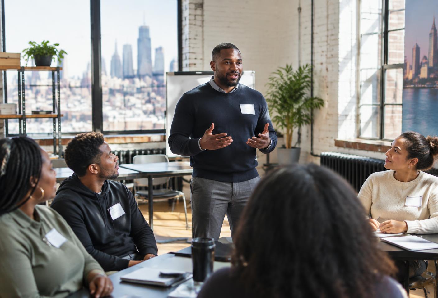 An adult speaking during a career-readiness and employment training session.